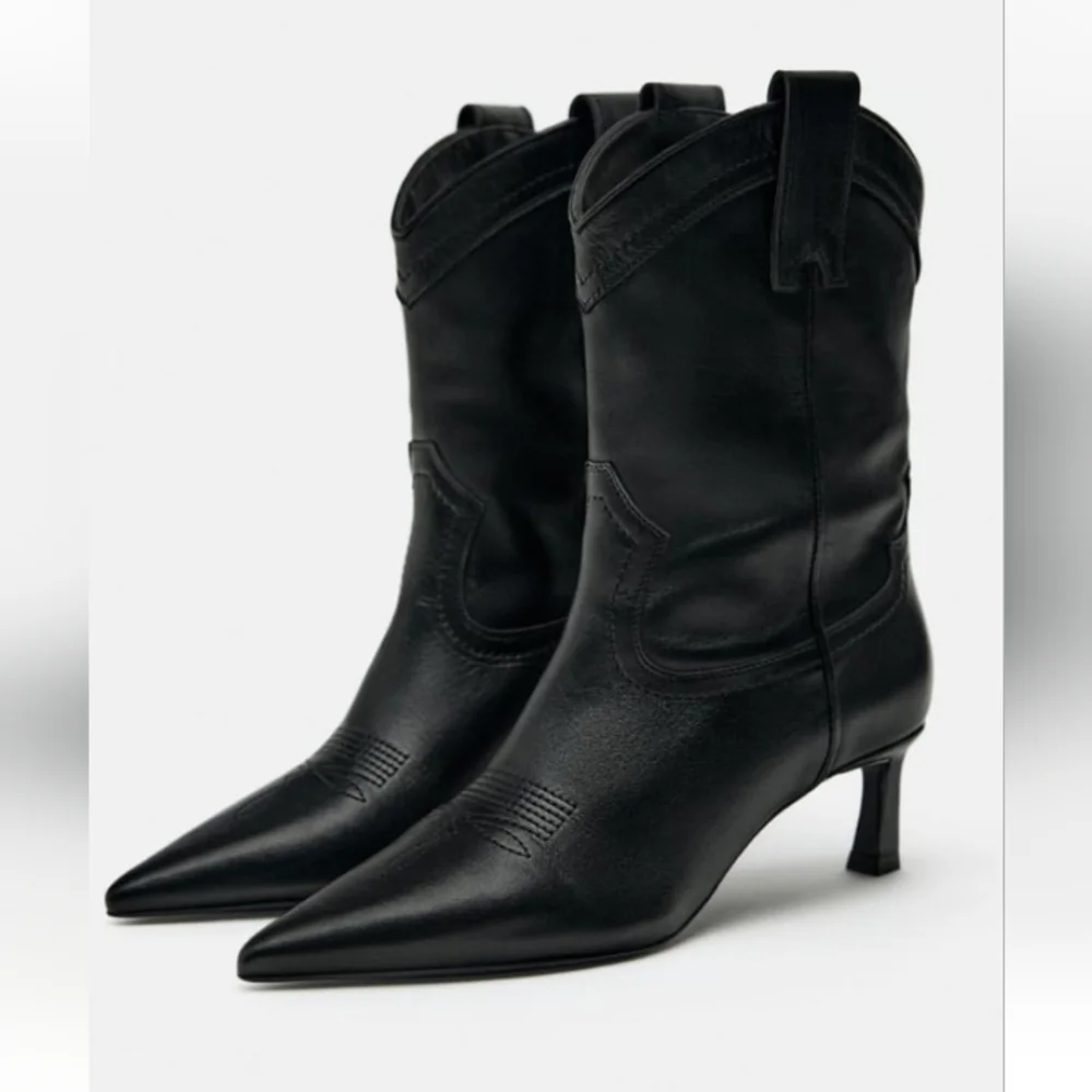 Zara leather Cowboy Heeled Ankle boots